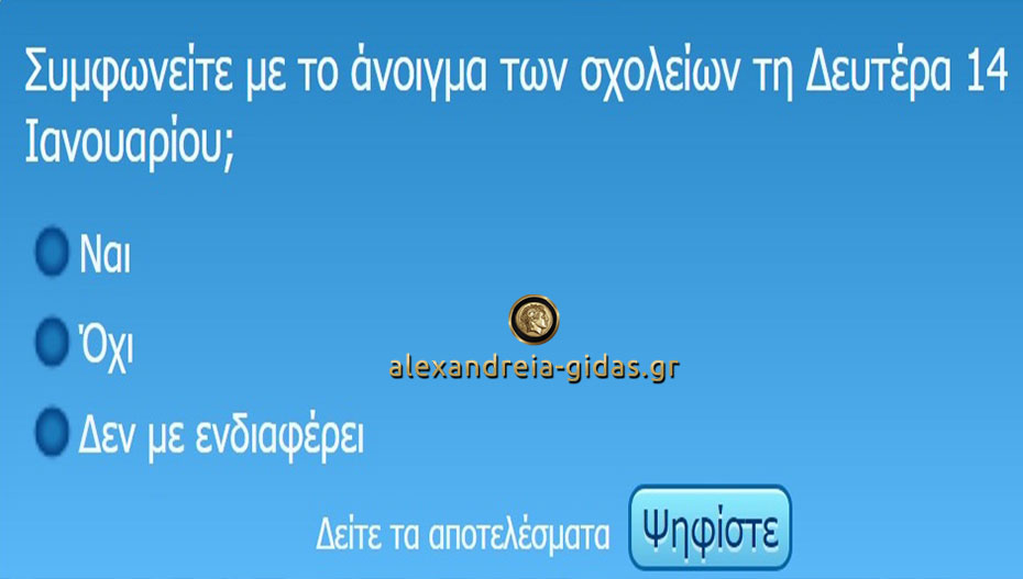 Εκφράστε την άποψή σας: Συμφωνείτε με το άνοιγμα των σχολείων την Δευτέρα 14 Ιανουαρίου; Ψηφίστε!