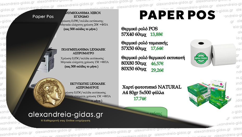 Paper Pos στην Αλεξάνδρεια: Ενοικιάσεις εκτυπωτών και προσφορά σε χαρτί Α4 και θερμικά ρολά – δείτε!